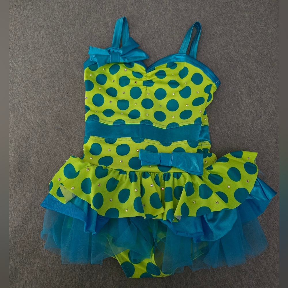 Weissman "Surf Crazy" Dance Costume Blue and Green Poke A Dot IC 7-8 yr. childs